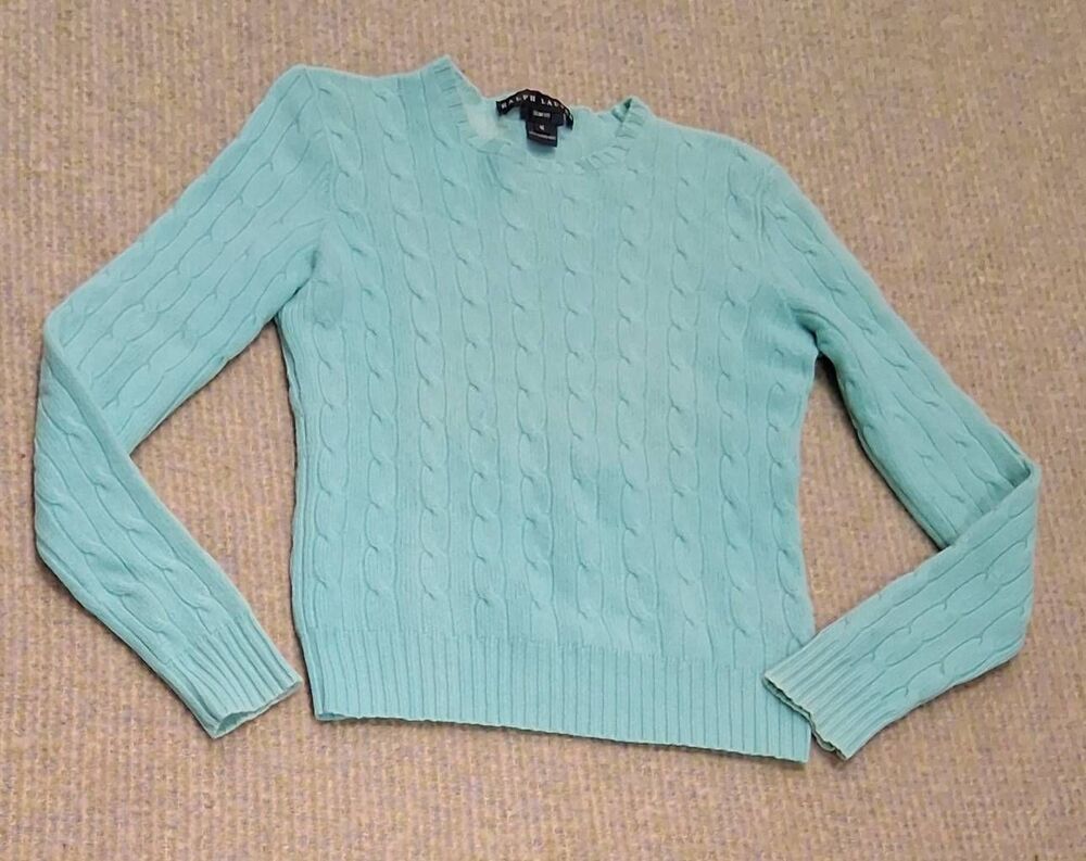 Vtg polo ralph Lauren black label cable knit womens small sweater blue aqua